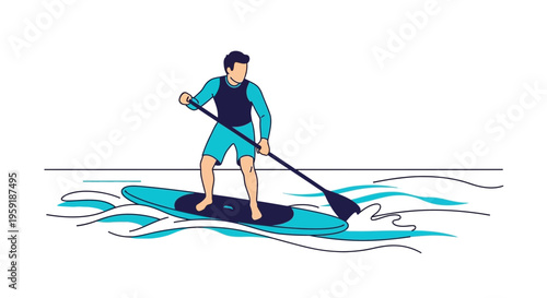 Man paddleboarding on a blue surfboard on wavy water, active lifestyle and water sports