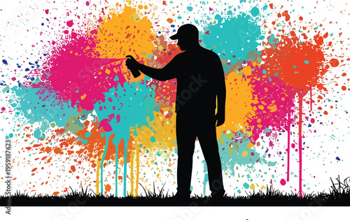 Street artist spraying colorful graffiti wall, urban art silhouette, vibrant paint splashes, creative expression, modern street culture, abstract design illustration
