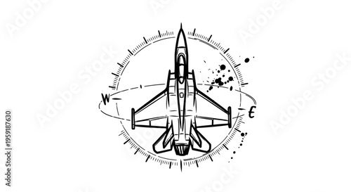 Vector illustration of a fighter jet on a compass background with navigation markings and ink splatters