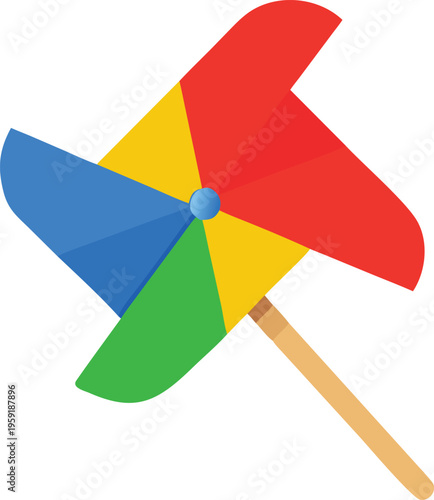 Colorful pinwheel toy with primary colors and wooden handle