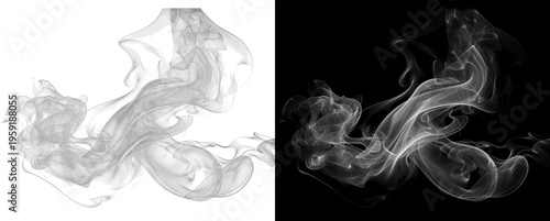 Dynamic white smoke waves flowing horizontally on solid black canvas
