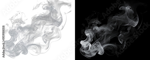 Abstract white smoke swirls over black background for digital design