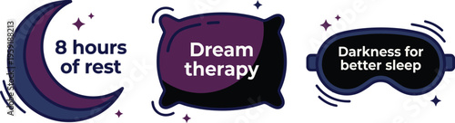 Illustrations depict essential elements for achieving quality sleep, including sufficient rest, dream therapy, and complete.