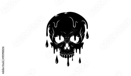Stylized melting skull with dripping drops black silhouette vector illustration dark edgy art