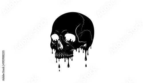 Melting skull black silhouette vector illustration with dripping liquid effect edgy horror design
