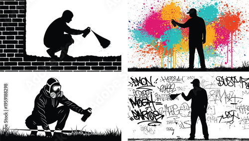 Street artist graffiti spraying wall, urban art silhouette collection, colorful paint splashes, vandal concept, creative expression, street culture design illustration set