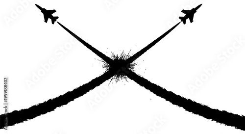 Two fighter jets flying in opposite directions leaving black smoke trails on white background