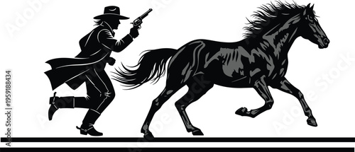Western cowboy chasing horse with revolver, dynamic silhouette illustration, wild west action scene, vintage outlaw concept, retro black design style