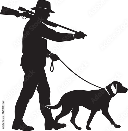 Vector silhouette of hunter with dog and rifle