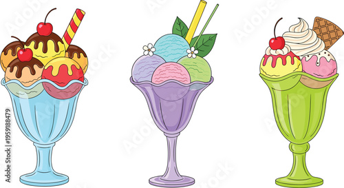 Colorful Ice Cream Sundae Illustration Set with Various Flavors, Toppings, and Cherry Decorations in a Cartoon Style for Summer Desserts, Treats, and Food Designs