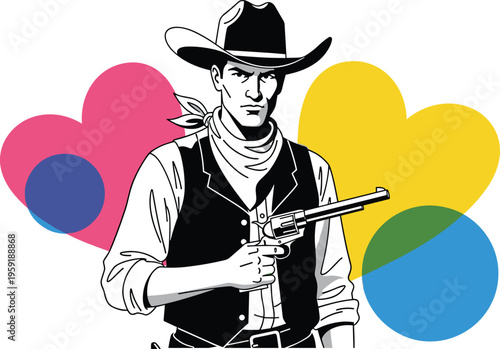 Western cowboy gunslinger holding revolver, vintage outlaw illustration, bold colorful hearts background, pop art style, retro western concept, modern design