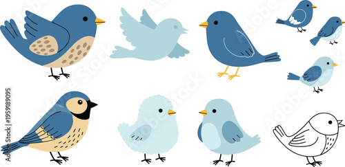 Cute Bird Vector Set Featuring Cartoon Birds in Different Poses, Flying and Sitting Wildlife Characters in Flat Style Collection