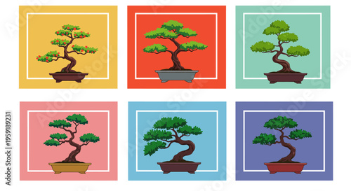 Collection of Six Different Bonsai Trees in Pots on Colorful Backgrounds.