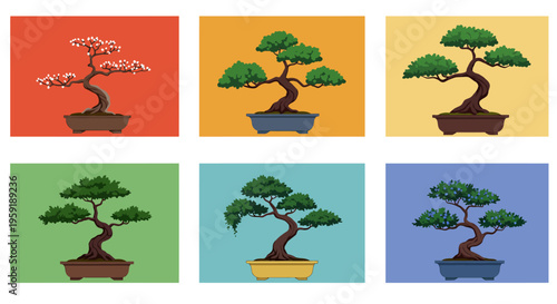 Collection of Six Diverse Bonsai Trees in Pots.