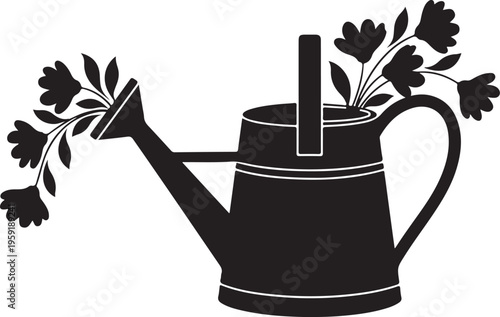 Black vector watering can icon with flowers
