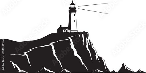 Vector lighthouse on rocky cliff illustration