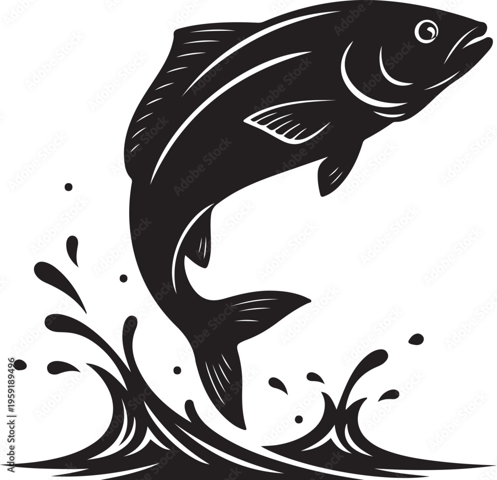 Fototapeta premium Vector illustration of jumping fish in black and white