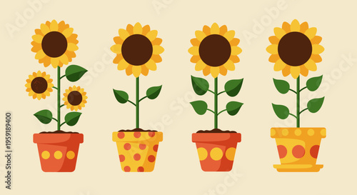 Four potted sunflowers in decorative pots with a plain background.