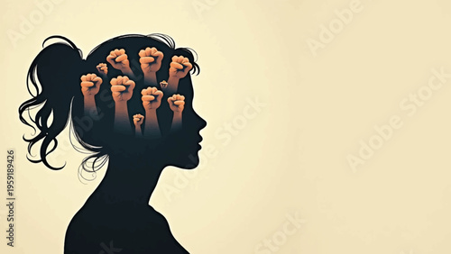 Protest, activist woman, fists, silhouette, vector illustration, social movement, empowerment