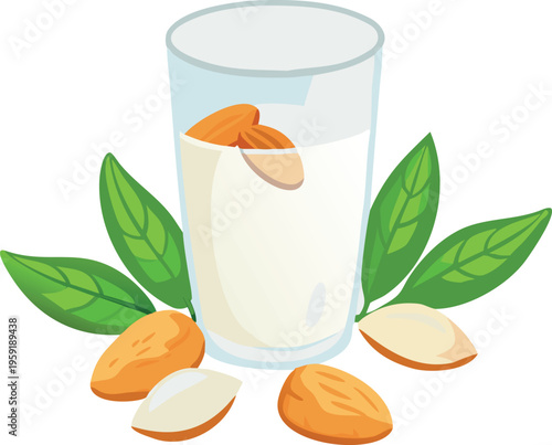 Glass of almond milk with almonds and fresh green leaves