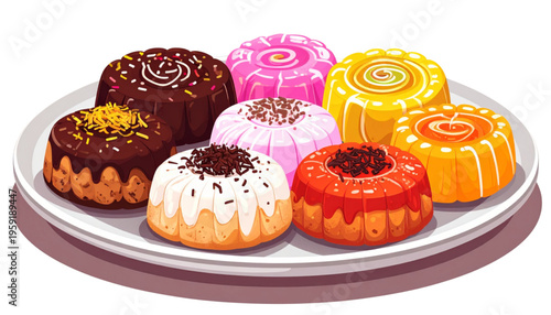 Top view vector illustration of colorful assorted Indonesian cakes and puddings on a round plate, featuring vibrant kue with icing, sprinkles, and layered textures