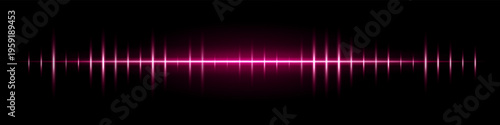 Horizontal light waveform composition. Bright glowing line, vertical pulse spikes, radiant center, dark gradient backdrop, abstract audio signal atmosphere, luminous energy effect.