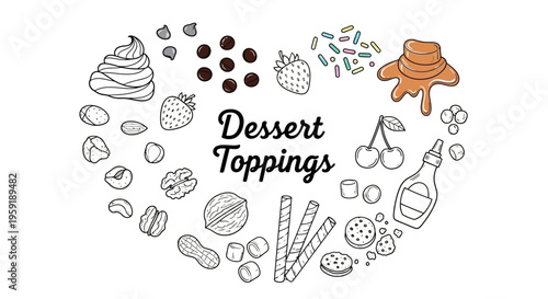 Dessert toppings vector illustration with whipped cream fruits nuts and syrup on white background for baking and cooking designs
