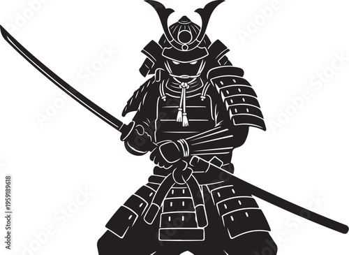 Vector samurai warrior icon in black and white