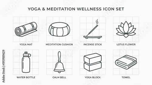 Minimalist black-and-white yoga and meditation icon set with mat, cushion, incense, lotus, water bottle, bell, block, and towel.