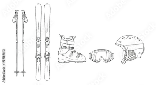 Minimalist line of essential winter sports equipment including skis poles boots goggles and safety helmet