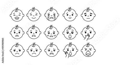 Set of fifteen simple black and white line depicting various baby facial expressions and emotional states