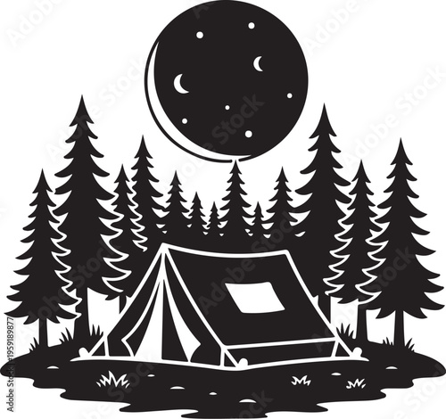 Black and white vector illustration of a tent in a forest under a moonlit night sky