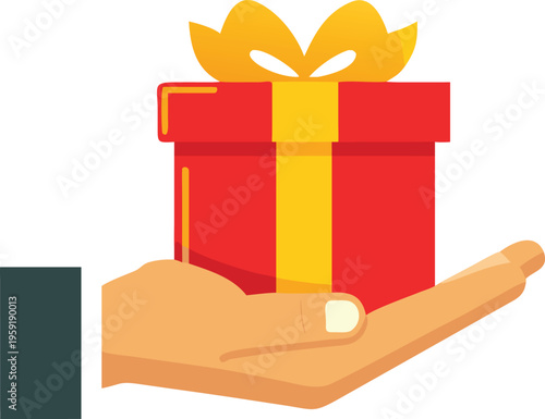 A hand presenting a brightly colored ribbon tied gift box