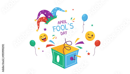 April Fools' Day colorful illustration with jester hats and balloons