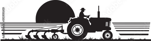 Vector tractor icon with plow and sunset background