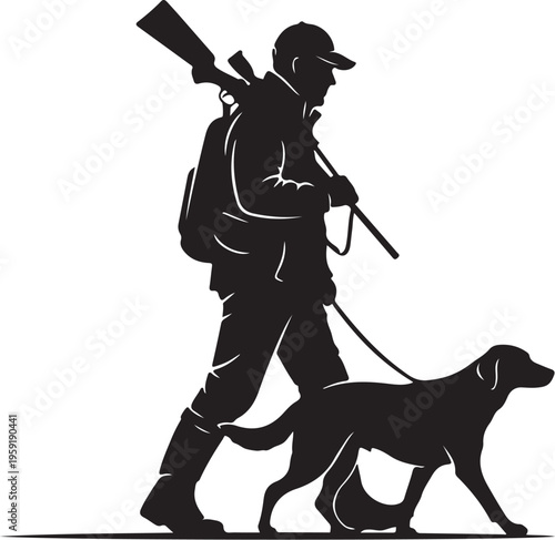 Vector silhouette of hunter with dog walking