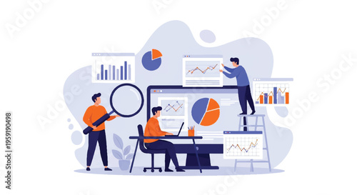 Business analytics team working on data visualization with charts and graphs on a large computer screen in a modern office