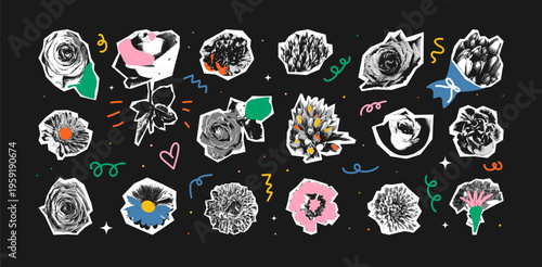 Halftone Spring Flowers. Collage blossoms elements big set. Floral paper cut out stickers with vintage dotted texture and doodles. Retro vector illustration. Vintage Bouquet.