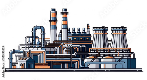 Detailed Illustration of a Large Industrial Complex with Towers and Pipelines.
