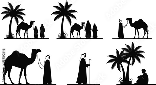 Middle Eastern Desert Silhouette Set Featuring Arab Men Bedouin Caravans With Camels Palm Trees and Oasis Scenes for Travel Design Projects