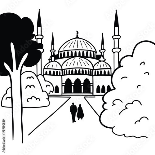Mosque Landscape with People Minimal Line Art Illustration