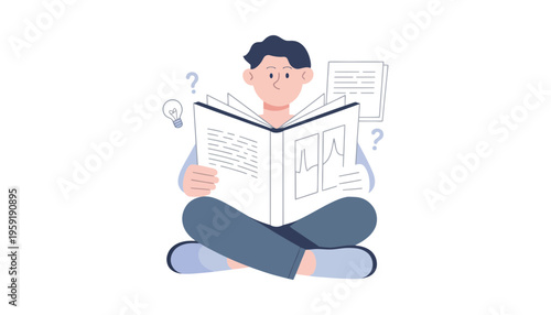 A man reading a book with question marks and a lightbulb