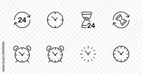 Time management set icon. 24 hours cycle, clock face, hourglass deadline, alarm clock, schedule control, reminder, punctuality, productivity, planning, work organization