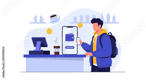 Man paying with smartphone at cafe counter, contactless payment concept