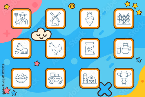 Farm agriculture set icon. Farmer with pitchfork, windmill, beetroot, wheat field, horse with apple, chicken, seed bag, milk jug, egg basket, tractor, barn with silo, cow head.