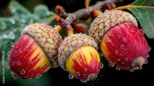Closeup Macro Shot of Three Dew-Kissed Acorns on an Oak Branch Vivid Red and Yellow Colors