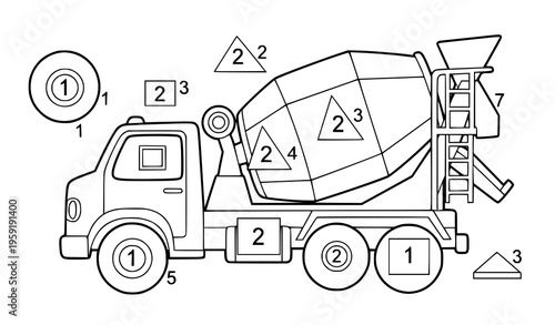 Concrete mixer matching numbers puzzle kids construction coloring page vector
