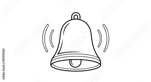 Simple black and white line of a ringing bell with motion lines isolated on a white background for notification