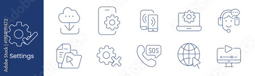Settings system configuration set icon. Gear cloud smartphone laptop headset folder phone globe player depict control option support connectivity.