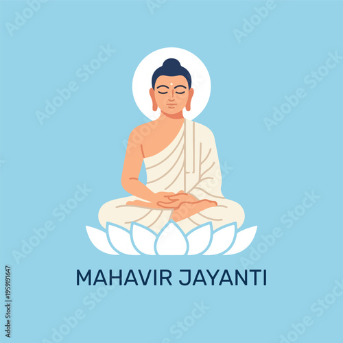 Foto Mahavir Jayanti Illustration of Lord Mahaveer Meditating on Lotus Flower, Jain F